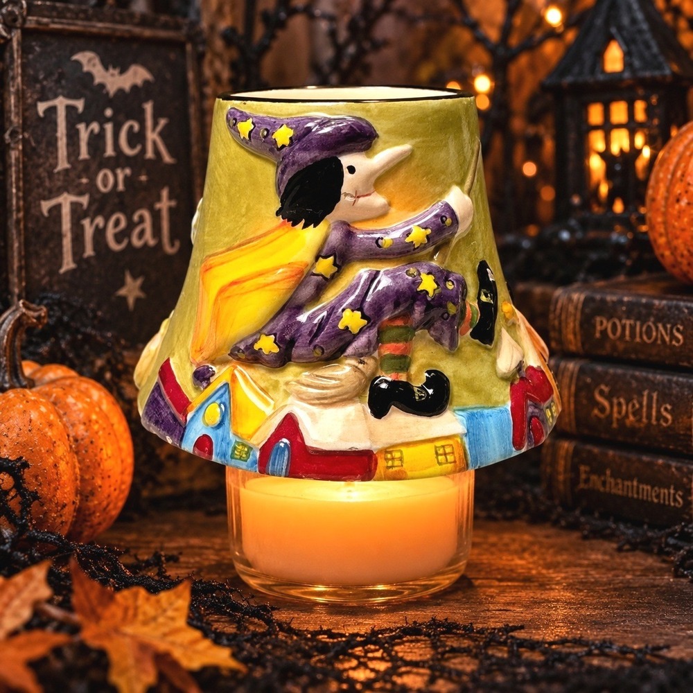 Vintage Home Interiors Halloween Candle Capper Witch Ghost Black Cat Ceramic